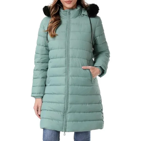 Women's Light Green Waterproof Long Down Jacket,warm Winter Hooded Puffer Coat